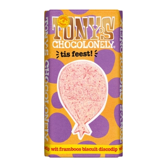 Tony&#39;s Chocolonely | Reep Feest | Wit Framboos Biscuit Discodip | 15 x 180 gram