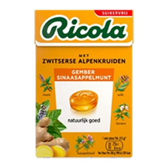 Ricola | Gember Sinaasappelmunt Suikervrij | 20 x 50 gram