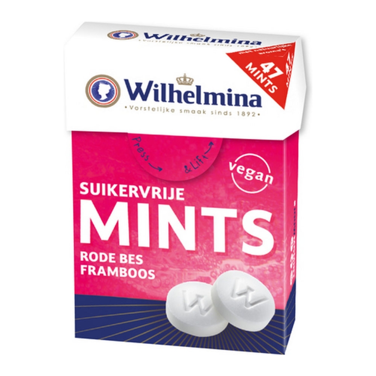 Wilhelmina | Mints Suikervrij Framboos/Rode Bes | 20 x 30 gram